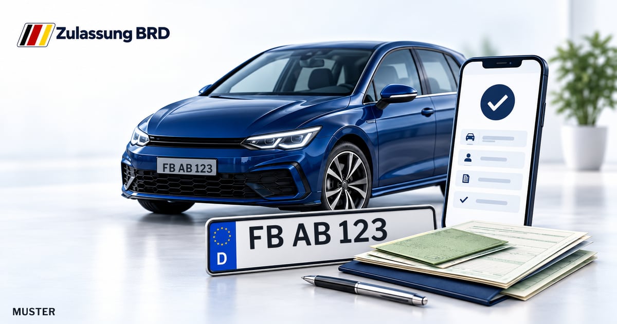 Online Fahrzeugzulassung in Gedern: Musterkennzeichen FB AB 123, Auto und Fahrzeugpapiere und Smartphone. Illustration mit Logo von Zulassung BRD.